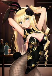 Rule 34 | 1girl, absurdres, animal ears, arms behind head, arms up, black leotard, blonde hair, blue eyes, blush, breasts, cleavage, closed mouth, covered erect nipples, covered navel, fake animal ears, fake tail, fishnet pantyhose, fishnets, floral print, frills, gold trim, hair ornament, highleg, highleg leotard, highres, indoors, jin-lian (tony taka), leotard, long hair, looking at viewer, medium breasts, original, pantyhose, playboy bunny, rabbit ears, rabbit tail, scan, shiny skin, simple background, smile, solo, strapless, strapless leotard, tail, tony taka, wrist cuffs