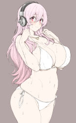 Rule 34 | 1girl, absurdres, bikini, blush, breasts, cleavage, closed mouth, cowboy shot, curvy, fingernails, grey background, hands up, headphones, heart, heart necklace, highres, jewelry, large breasts, long fingernails, long hair, looking at viewer, navel, necklace, nitroplus, pink eyes, pink hair, purple background, red eyes, solo, super sonico, sweat, swimsuit, white bikini, whoosaku