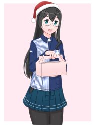 Rule 34 | 1girl, aqua eyes, black hair, blush, employee uniform, geometrie, glasses, hat, hip vent, kantai collection, lawson, long hair, ooyodo (kancolle), open mouth, package, pantyhose, santa hat, shirt, smile, solo, store clerk, striped clothes, striped shirt, uniform, vertical-striped clothes, vertical-striped shirt