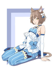 Rule 34 | 10s, 1boy, :3, :d, animal ears, arm support, armpits, arms behind back, bad id, bad pixiv id, bare shoulders, black pantyhose, blue dress, blue footwear, blue neckwear, blue ribbon, blue thighhighs, blush, bob cut, bolo tie, bow, brown hair, cat boy, cat ears, cat tail, choker, collarbone, commentary request, cross-laced clothes, detached sleeves, dress, dress bow, eyebrows, eyelashes, felix argyle, frilled dress, frilled thighhighs, frills, front-tie top, full body, hair bow, hair ribbon, half-closed eyes, highres, jewelry, large bow, layered dress, leaning back, looking at viewer, male focus, momosuke (ishakry), open mouth, outside border, pantyhose, parted bangs, pendant, re:zero kara hajimeru isekai seikatsu, ribbon, shoes, short dress, short eyebrows, short hair, simple background, sitting, smile, solo, spaghetti strap, striped clothes, striped dress, striped pantyhose, striped ribbon, striped thighhighs, tail, thick eyebrows, thighhighs, thighhighs over pantyhose, trap, vertical-striped clothes, vertical-striped dress, vertical-striped thighhighs, white background, white bow, white dress, yellow eyes
