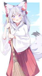 Rule 34 | 1girl, animal ear fluff, animal ears, bow, broom, commission, daidai ookami, fang, feet out of frame, flower, fox ears, fox girl, fox tail, hair bow, hair flower, hair ornament, hair ribbon, hakama, highres, holding, holding broom, japanese clothes, looking at viewer, miko, open mouth, original, purple eyes, red bow, red hakama, ribbon, skeb commission, sky, smile, solo, standing, tail, virtual youtuber, white hair, wide sleeves