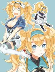 Rule 34 | 1girl, alternate costume, alternate hairstyle, black thighhighs, blonde hair, blue background, blue eyes, blue shirt, boots, breasts, cleavage, closed mouth, coat, gambier bay (kancolle), hairband, kantai collection, large breasts, long hair, mitsuyo (mituyo324), multiple views, open mouth, outline, ponytail, sailor collar, shirt, shorts, side ponytail, simple background, tears, thigh boots, thighhighs, twintails, white outline