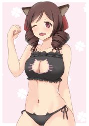 Rule 34 | 1girl, alternate costume, animal ears, black bra, black panties, bow, bra, breasts, brown hair, cat cutout, cat ears, cat lingerie, cleavage, cleavage cutout, clothing cutout, drill hair, hair bow, harukaze (kancolle), highres, kamikitayotsuba, kantai collection, large breasts, long hair, meme attire, one eye closed, open mouth, panties, pink background, red bow, red eyes, side-tie panties, smile, solo, twin drills, underwear, underwear only