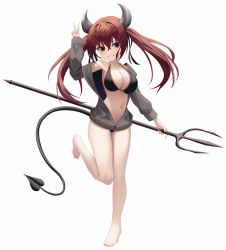 Rule 34 | 1girl, absurdres, alpha beast, arm up, barefoot, bikini, black bikini, black jacket, black ribbon, breasts, brown eyes, brown hair, commentary, crossed bangs, demon girl, demon horns, demon tail, evil grin, evil smile, full body, grin, hair ribbon, halterneck, hand up, highres, holding trident, horns, jacket, large breasts, leg up, light blush, long hair, looking at viewer, nail polish, navel, no shirt, original, partially unzipped, red nails, ribbon, smile, solo, standing, standing on one leg, swimsuit, tail, teeth, toenails, twintails, v