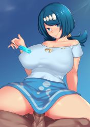 Rule 34 | 1boy, 1girl, aster crowley, bare shoulders, blue eyes, blue hair, blue shirt, blue skirt, blush, breasts, closed mouth, clothed sex, collarbone, covered erect nipples, creatures (company), day, food, freckles, game freak, girl on top, head chain, hetero, highres, huge breasts, interracial, jewelry, lana&#039;s mother (pokemon), long hair, looking at viewer, low ponytail, mature female, miniskirt, nintendo, nose blush, off-shoulder shirt, off shoulder, penis, pokemon, pokemon (anime), pokemon sm (anime), ponytail, popsicle, reverse cowgirl position, ribbon-trimmed shirt, sex, sex from behind, shirt, short sleeves, skirt, sky, smile, solo focus, spread legs, straddling, sweat, swept bangs, uncensored, vaginal