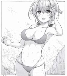 Rule 34 | 1girl, alternate costume, arm up, bikini, breasts, cleavage, greyscale, h2 (h20000000), hair ornament, jingei (kancolle), kantai collection, large breasts, looking at viewer, monochrome, navel, open mouth, outdoors, short hair, smile, solo, sun, swimsuit, traditional media, wet