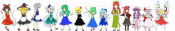Rule 34 | 6+girls, apron, ascot, bat wings, beret, black headwear, black skirt, black vest, blonde hair, blue sky, blue vest, book, bow, brown hair, cirno, collared shirt, crescent, crescent hat ornament, daiyousei, detached sleeves, detached wings, embodiment of scarlet devil, fairy wings, flandre scarlet, frilled apron, frilled bow, frilled skirt, frills, frog hair ornament, full body, gohei, green hair, green headwear, green skirt, green vest, grey hair, hair bow, hair ornament, hair tubes, hakurei reimu, hands on own chest, hat, hat ornament, head wings, height chart, height difference, highres, hitodama, hitodama print, holding, holding book, holding gohei, holding knife, holding sword, holding weapon, hong meiling, izayoi sakuya, katana, kirisame marisa, knife, koakuma, kochiya sanae, konpaku youmu, konpaku youmu (ghost), long image, looking at viewer, maid, maid headdress, mary janes, multicolored wings, multiple girls, one side up, own hands together, patchouli knowledge, puffy short sleeves, puffy sleeves, purple hair, red bow, red eyes, red hair, red shirt, red skirt, remilia scarlet, rumia, shirt, shoes, short sleeves, skirt, sky, sleeveless, sleeveless shirt, snake hair ornament, socks, sword, t-pose, touhou, uruchi kome, vest, waist apron, weapon, white apron, white socks, wide image, wings, witch hat, yellow ascot