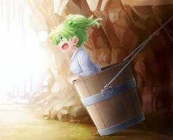 Rule 34 | 1girl, :d, bbb (33kudo), blurry, blurry background, bucket, cave, commentary request, from side, green eyes, green hair, hair between eyes, hair bobbles, hair ornament, in bucket, in container, japanese clothes, kimono, kisume, long sleeves, looking to the side, open mouth, pointy ears, profile, rope, short hair, sideways mouth, smile, solo, touhou, two side up, upper body, white kimono
