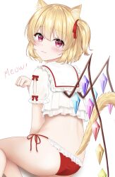 Rule 34 | 1girl, :3, absurdres, alternate costume, alternate hair length, alternate hairstyle, animal ear fluff, animal ears, ass, back, blonde hair, blush, cat day, cat ears, cat girl, cat tail, closed mouth, commentary request, crystal, english text, feet out of frame, flandre scarlet, frilled panties, frilled shirt, frilled shirt collar, frills, from behind, hair between eyes, hair ribbon, hand up, highres, kemonomimi mode, looking at viewer, looking back, nyanyanoruru, one side up, panties, paw pose, puffy short sleeves, puffy sleeves, rainbow order, red eyes, red panties, red ribbon, ribbon, shirt, short hair, short sleeves, side-tie panties, simple background, sitting, smile, solo, tail, tail raised, touhou, underwear, white background, white shirt, wings, yokozuwari