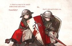 Rule 34 | 2girls, blood, blood on clothes, blood on face, bloody weapon, braid, brown eyes, brown hair, dirty, dirty clothes, english text, gambeson, highres, ironlily, kettle helm, kite shield, low twin braids, mace, multiple girls, ordo mediare sisters (ironlily), sitting, sweat, sword, twin braids, weapon