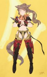 Rule 34 | 1girl, animal ears, boots, brown eyes, brown hair, cat ears, cat tail, closed mouth, final fantasy, final fantasy xiv, full body, garter straps, highres, long hair, looking at viewer, midriff, miqo&#039;te, mozuku (mozuuru0323), ponytail, solo, standing, tail, thighhighs, thighhighs under boots, wrist guards