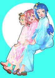 Rule 34 | 3girls, blue eyes, blue hair, blue kimono, bow, brown footwear, brown hair, commentary, cut bangs, delicious party precure, green eyes, hair bow, hair pulled back, hands on lap, highres, hirogaru sky! precure, in-franchise crossover, invisible chair, japanese clothes, jj (ssspulse), kimono, looking at viewer, looking to the side, medium hair, multiple girls, nagomi yui, natsuumi manatsu, obi, open mouth, orange hair, pink kimono, precure, print kimono, purple eyes, sandals, sash, single sidelock, sitting, smile, sora harewataru, tropical-rouge! precure, yellow bow, yukata