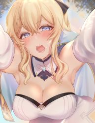 Rule 34 | 1girl, absurdres, akano yomi, armpits, bare shoulders, bent over, blonde hair, blue eyes, blush, bow, breasts, capelet, cleavage, cross, cross earrings, detached sleeves, earrings, genshin impact, hair bow, half-closed eyes, highres, jean (genshin impact), jewelry, large breasts, looking at viewer, open mouth, outstretched arms, pants, ponytail, solo, strapless, sweat, sweatdrop, tube top, twitter username, white pants