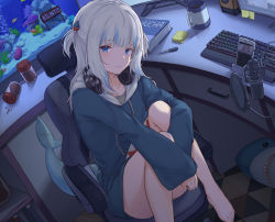 Rule 34 | 1girl, barefoot, blue eyes, blue hair, blue hoodie, book, cellphone, chair, collarbone, cup, desk, drawer, fins, fish food, fish tail, fish tank, gaming chair, gawr gura, gawr gura (1st costume), hair ornament, headphones, headphones around neck, highres, hololive, hololive english, hood, hoodie, keyboard, knees up, long sleeves, looking at viewer, medium hair, microphone, monitor, mug, multicolored hair, office chair, pen, phone, pop filter, shark, shark girl, shark tail, shiunnkaku, sitting, smartphone, smile, solo, speaker, sticky note, streaked hair, swivel chair, tail, thighs, two side up, virtual youtuber, white hair