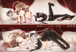 Rule 34 | 10s, 1girl, :d, ^ ^, bare shoulders, bed, black thighhighs, blush, boots, unworn boots, brown hair, character doll, closed eyes, detached sleeves, double bun, closed eyes, female admiral (kancolle), frilled skirt, frills, fujieda miyabi, glasses, hair bun, hair ornament, hairband, headgear, japanese clothes, kantai collection, kongou (kancolle), long hair, lying, on back, on stomach, open mouth, personification, pillow, ribbon-trimmed sleeves, ribbon trim, sayagata, skirt, sleeping, smile, solo, thigh boots, thighhighs