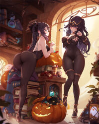 Rule 34 | 2girls, ass, black choker, black hair, black nails, bodystocking, book, book stack, bracelet, breasts, candy, chocolate coin, choker, circlet, coin, cosplay, costume switch, crossover, earrings, familiar, fire emblem, fire emblem awakening, food, full body, genshin impact, gold, gold coin, green eyes, grin, halloween, halloween costume, high heels, holding, holding coin, jack-o&#039;-lantern, jewelry, large breasts, leaning on object, long hair, medium breasts, mitsu (mitsu art), mona (genshin impact), mona (genshin impact) (cosplay), multiple girls, nintendo, pantyhose, parted lips, patreon username, pumpkin, purple eyes, shoes, skin tight, smile, standing, star (symbol), star earrings, stirrup legwear, tharja (fire emblem), tharja (fire emblem) (cosplay), thighlet, tiptoes, toeless legwear, twintails, two side up, unworn shoes, very long hair