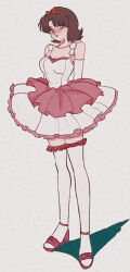 Rule 34 | 1girl, bare shoulders, breasts, brown hair, dress, elbow gloves, frilled dress, frills, full body, gloves, hairband, kirigoe mima, looking at viewer, medium breasts, perfect blue, pikurusu, pink footwear, red hairband, sandals, short hair, sleeveless, sleeveless dress, solo, standing, thighhighs, white dress, white gloves, white thighhighs