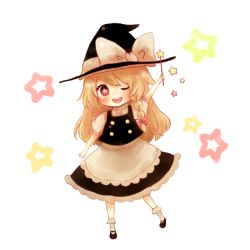 Rule 34 | 1girl, bad id, bad pixiv id, blonde hair, blush, braid, female focus, full body, hat, kirisame marisa, long hair, nyako, one eye closed, simple background, skirt, solo, star (symbol), symbol-shaped pupils, touhou, wand, white background, wink, witch, witch hat