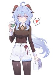 Rule 34 | 1girl, absurdres, ahoge, bell, black pantyhose, black sweater, blue hair, bow, breasts, commentary, cup, disposable cup, genshin impact, heart, highres, horns, long hair, looking at viewer, low ponytail, medium breasts, neck bell, pantyhose, purple eyes, seizou hidzuke, shorts, sidelocks, smile, solo, spoken heart, standing, sweater, white background, white shorts