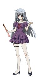 Rule 34 | 10s, 1girl, ahoge, brown eyes, collarbone, dress, eyebrows, eyepatch, full body, highres, holding, holster, infinite stratos, laura bodewig, long hair, looking at viewer, purple dress, red ribbon, ribbon, silver hair, solo, thigh holster, transparent background