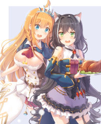 Rule 34 | 2girls, absurdres, ahoge, animal ear fluff, animal ears, ascot, bare shoulders, black hair, black legwear, blue eyes, blue sleeves, blush, breasts, brown hair, cat ears, cat girl, cat tail, cleavage, commentary request, detached sleeves, food, frilled skirt, frills, gloves, green eyes, grey background, hair between eyes, highres, holding, holding tray, holmemee, karyl (princess connect!), large breasts, long hair, long sleeves, multiple girls, open mouth, pecorine (princess connect!), pleated skirt, princess connect!, puffy short sleeves, puffy sleeves, purple skirt, red ascot, red skirt, ringlets, round teeth, shirt, short sleeves, shrug (clothing), skirt, sleeveless, sleeveless shirt, tail, teeth, thighhighs, tiara, tray, two-tone background, upper teeth only, v-shaped eyebrows, very long hair, white background, white gloves, white shirt, wide sleeves