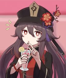 Rule 34 | 1girl, alternate costume, amekun (nanachimaru), brown hair, cup, drinking straw, flower, flower-shaped pupils, food, fruit, genshin impact, hair between eyes, hat, hat flower, highres, holding, holding cup, hu tao (genshin impact), lemon, long hair, long sleeves, open mouth, red eyes, solo, symbol-shaped pupils, twintails