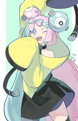 Rule 34 | 1girl, ;d, absurdres, aqua background, arm up, black skirt, blue hair, border, bow-shaped hair, coat, cowboy shot, creatures (company), game freak, gen 1 pokemon, hand up, happy, highres, iono (pokemon), legs apart, magnemite, multicolored hair, nintendo, one eye closed, open mouth, pink hair, pokemon, pokemon sv, sharp teeth, signature, skirt, sleeves past wrists, smile, solo, split mouth, standing, streaked hair, teeth, upper teeth only, white border, wide sleeves, yellow coat, youzai121, youzaiyouzai112