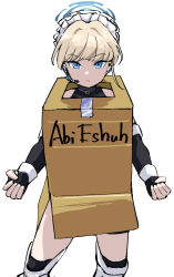 Rule 34 | 1girl, akkadian text, alternate costume, blonde hair, blue archive, blue eyes, box, cardboard box gundam, clenched hands, duct tape, female focus, headset, highres, looking at viewer, maid headdress, meme, parody, simple background, solo, standing, tenten (chan4545), toki (blue archive), white background