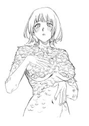 Rule 34 | 1girl, akushitsu ningen, arm under breasts, blush, body fur, breasts, completely nude, dungeon meshi, falin touden, falin touden (chimera), greyscale, hand up, highres, korean commentary, large breasts, looking at viewer, monochrome, monster girl, navel, nude, short hair, simple background, sketch, solo, spoilers, upper body