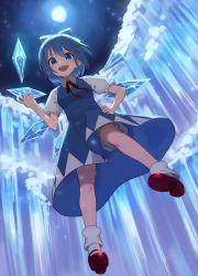 Rule 34 | 1girl, :d, bloomers, blue bow, blue dress, blue eyes, blue hair, bobby socks, bow, breasts, cirno, cloud, dress, frills, from below, full moon, hair bow, hand on own hip, hand up, highres, ice, ice wings, iceberg, looking at viewer, moon, moonlight, neck ribbon, night, night sky, open mouth, pinafore dress, puffy short sleeves, puffy sleeves, red footwear, red ribbon, ribbon, shimizu tomoki, shoes, short hair, short sleeves, sky, sleeveless dress, small breasts, smile, socks, solo, space, star (sky), starry sky, touhou, underwear, v-shaped eyebrows, white socks, wings