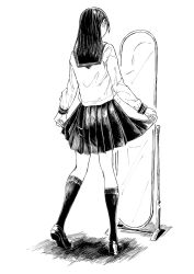 Rule 34 | 1girl, commentary request, facing away, from behind, full body, greyscale, highres, hiwatari rin, loafers, long hair, long sleeves, mirror, monochrome, original, pleated skirt, school uniform, serafuku, shirt, shoes, skirt, skirt hold, socks, solo, white background