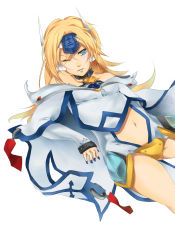 Rule 34 | 1girl, arc system works, bad id, bad pixiv id, bare shoulders, blazblue, blonde hair, blue eyes, breasts, cape, clothing cutout, collar, crotch plate, detached sleeves, forehead protector, haruno14, long hair, mu-12, nail polish, navel, navel cutout, small breasts, solo, wink