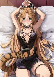 Rule 34 | 1girl, absurdres, animal ears, arknights, armpits, arms up, bdsm, bed, black one-piece swimsuit, bound, bound wrists, breasts, casual one-piece swimsuit, collarbone, cuffs, drill hair, drill sidelocks, green eyes, handcuffs, highres, large breasts, lavriell, long hair, looking at viewer, lying, official alternate costume, on back, one-piece swimsuit, sidelocks, solo, swimsuit, swire (arknights), swire the elegant wit (arknights), tail, tail ornament, tail ring, thigh strap, tiger ears, tiger girl, tiger tail