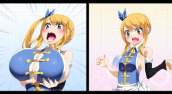 Rule 34 | 1girl, alternate breast size, bare shoulders, blonde hair, blush, breast expansion, breast reduction, breasts, brown eyes, bursting breasts, colorized, fairy tail, female focus, gaston18, huge breasts, looking at viewer, lucy heartfilia, mashima hiro, open mouth, side ponytail, sideboob, small breasts, solo, upper body