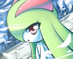 Rule 34 | 1girl, artist name, blue sky, building, cityscape, cloud, creatures (company), dated, day, dutch angle, female focus, game freak, gen 3 pokemon, green hair, hair over one eye, kirlia, laranthrod, long hair, looking at viewer, nintendo, no humans, open mouth, outdoors, pink eyes, pokemon, pokemon (creature), pokemon rse, rooftop, sky, solo, text focus, upper body, v arms, watermark