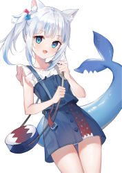 Rule 34 | 1girl, :d, animal ears, bag, bare arms, blue eyes, blue hair, blush, cat ears, collarbone, commentary request, dress, fang, fins, fish tail, gawr gura, gawr gura (casual), hair ornament, highres, holding, hololive, hololive english, kyaroru, long hair, looking at viewer, multicolored hair, official alternate costume, open mouth, simple background, smile, solo, streaked hair, tail, virtual youtuber, white background