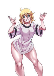 Rule 34 | 1girl, absurdres, ahoge, blonde hair, blue eyes, breasts, contrapposto, fang, female focus, grin, highres, leaning forward, legs, meme, naked shirt, narrow waist, nell (nisego), nisego, original, pajamas challenge, see-through, shirt, shrugging, simple background, small breasts, smile, solo, standing, t-shirt, thick thighs, thighs, w arms, white background, wide hips
