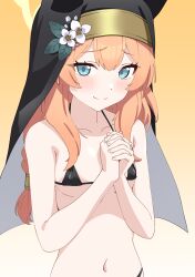 Rule 34 | 1girl, absurdres, bikini, black bikini, blue archive, blue eyes, blush, breasts, closed mouth, coif, flower, gradient background, halo, hat, hat flower, highres, interlocked fingers, long hair, looking at viewer, mari (blue archive), navel, nun, oinari (koheihei1109), orange hair, own hands together, small breasts, smile, solo, swimsuit, upper body, white background, yellow background, yellow halo