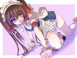 Rule 34 | 1girl, all fours, alric, apron, brown hair, detached sleeves, female focus, heterochromia, looking at viewer, maid, maid apron, maid headdress, one-piece swimsuit, original, purple eyes, school swimsuit, simple background, solo, swimsuit, swimsuit under clothes, thighhighs, twintails, white thighhighs, yellow eyes, zettai ryouiki