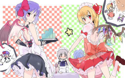 Rule 34 | &gt; &lt;, 3girls, alternate costume, apron, bat wings, blonde hair, blush, bow, braid, cleaning, closed eyes, clothes lift, crescent, crescent moon, dress, dress lift, duster, embodiment of scarlet devil, enmaided, female focus, flandre scarlet, frills, gathers, glass, gloves, gradient hair, hair bow, hand on own hip, hat, highres, hip focus, izayoi sakuya, lace, large bow, long hair, looking back, maid, maid apron, maid headdress, moon, multicolored hair, multiple girls, patchouli knowledge, ponytail, purple hair, puuakachan, red eyes, remilia scarlet, short hair, side ponytail, silver hair, smile, smirk, spill, touhou, tray, tripping, waitress, wings
