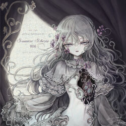 Rule 34 | 1girl, commentary request, curtains, doll, dress, flat chest, flower, grey eyes, grey hair, hair flower, hair ornament, highres, hole in chest, hole on body, lace, long hair, looking at viewer, navel, original, pale skin, parted lips, revealing clothes, sleeves past fingers, sleeves past wrists, solo, sumire shisei, violet (flower), wavy hair