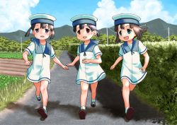 Rule 34 | 3girls, black hair, blue sailor collar, blue sky, bob cut, brown eyes, closed eyes, cloud, commentary request, daitou (kancolle), day, dress, female focus, full body, grass, harukaze unipo, hat, hiburi (kancolle), kantai collection, looking at viewer, low ponytail, mountain, multiple girls, outdoors, purple eyes, rice paddy, road, running, sailor collar, sailor dress, sailor hat, shoes, short hair, short sleeves, shounan (kancolle), sidelocks, sky, socks, standing, twintails, uwabaki, white dress, white headwear, white legwear