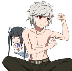 Rule 34 | 1boy, 1girl, :i, albino, bell cranel, black hair, blush stickers, breasts, can&#039;t be this cute, cleavage, cleavage cutout, clothing cutout, dungeon ni deai wo motomeru no wa machigatteiru darou ka, flexing, hestia (danmachi), jitome, multiple girls, muscular, pants, parody, pointing, pointing at self, puge, red eyes, ribbon, short hair, simple background, toned, topless male, twintails, white background, white hair