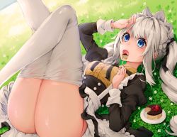 Rule 34 | 1girl, :o, alternate costume, apron, arno (ft3014), artist name, ass, bad id, bad pixiv id, black ribbon, black skirt, blue eyes, breasts, bustier, buttons, cake, cake slice, clothes pull, commentary request, day, dress, dress shirt, eating, enmaided, fate/grand order, fate (series), flower, food, frilled apron, frills, grass, hair between eyes, hair ribbon, highres, holding, holding food, juliet sleeves, legs up, long hair, long sleeves, looking at viewer, lying, maid, maid apron, maid headdress, marie antoinette (animejapan 2016) (fate), marie antoinette (fate), medium breasts, medium skirt, neck ribbon, official alternate costume, on back, open mouth, outdoors, pantyhose, pastry, plant, plate, puffy short sleeves, puffy sleeves, ribbon, shirt, short sleeves, sidelocks, signature, silver hair, skirt, solo, thighhighs, thighs, very long hair, waist apron, white apron, white footwear, white pantyhose, yellow shirt