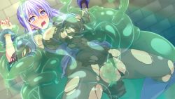 Rule 34 | 1girl, black pantyhose, blush, brave hunter aoi, breasts, censored, covered erect nipples, crying, crying with eyes open, female focus, game cg, include (studio), light purple hair, mosaic censoring, nipples, okuno hazuki, open mouth, pantyhose, purple hair, pussy, rape, restrained, see-through, slime, solo, tears, tentacle sex, tentacles, tongue, torn clothes, torn pantyhose, vaginal, yoshi hyuuma