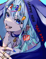 Rule 34 | 1girl, 2023, aqua background, blue eyes, blue hair, blue jacket, blue nails, carrot hair ornament, collared shirt, ear piercing, earrings, food-themed hair ornament, hair ornament, hairclip, happy birthday, highres, hololive, hood, hood up, hooded jacket, hoshimachi suisei, jacket, jewelry, long hair, looking at viewer, mirai99, multiple rings, open mouth, pendant choker, piercing, ring, shirt, sleeveless, sleeveless shirt, smile, solo, star (symbol), star hair ornament, star in eye, symbol in eye, teeth, tongue, tongue out, tongue piercing, upper body, virtual youtuber, white shirt