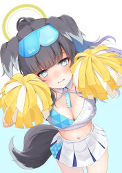 1girl absurdres animal_ears blue-tinted_eyewear blue_archive blue_eyes blush breasts bright_pupils ca_paria cleavage commentary_request crop_top dog_ears dog_tail goggles goggles_on_head halo hands_up hibiki_(blue_archive) hibiki_(cheer_squad)_(blue_archive) highres holding holding_pom_poms looking_at_viewer medium_breasts navel open_mouth paid_reward_available pom_pom_(cheerleading) pom_poms ponytail simple_background skirt solo sports_bra stomach tail tinted_eyewear two-tone_skirt two-tone_sports_bra white_background white_pupils white_skirt yellow_halo