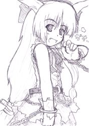 Rule 34 | 1girl, :d, ascot, bangle, bare shoulders, belt, blunt bangs, bow, bracelet, chain, etogami kazuya, fang, female focus, hair bow, happy, horns, ibuki suika, jewelry, large bow, long hair, looking at viewer, low-tied long hair, monochrome, open mouth, ponytail, purple theme, shirt, simple background, skirt, smile, solo, torn clothes, torn shirt, touhou, very long hair, white background