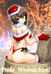 Rule 34 | 10s, 1girl, alternate costume, ass, back, bikini, blurry, blurry background, blush, boots, breasts, christmas, christmas lights, christmas tree, closed mouth, commentary request, emblem, from behind, fur-trimmed boots, fur-trimmed gloves, fur-trimmed headwear, fur collar, fur trim, garrison cap, german text, girls und panzer, gloves, hat, highleg, highleg bikini, holly, light blush, light smile, lips, looking at viewer, looking back, medium breasts, nishizumi maho, oosaka kanagawa, partial commentary, red bikini, red footwear, red gloves, red hat, santa costume, short hair, sitting, skindentation, solo, swimsuit, tank cupola, thigh boots, thighhighs, thighs, thong bikini, translated