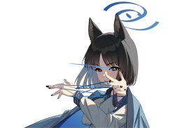 Rule 34 | 1girl, absurdres, animal ears, black eyes, black hair, black nails, blue archive, blue halo, cat&#039;s cradle, cat ears, chinese commentary, closed mouth, fingernails, halo, haori, highres, japanese clothes, kikyou (blue archive), long sleeves, nail polish, school uniform, serafuku, short hair, simple background, solo, upper body, white background, zidu (9478296)